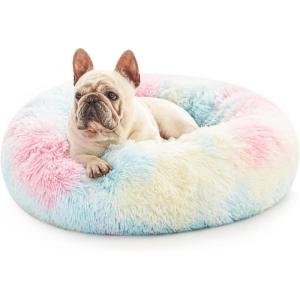 Love’s cabin Calming Cat Bed for Indoor Cats, Anti-Anxiety Donut Round Dog Bed, Fluffy Faux Fur Washable Pet Bed for Small Medium Dogs and Cats,Grey,20in(Rainbow)