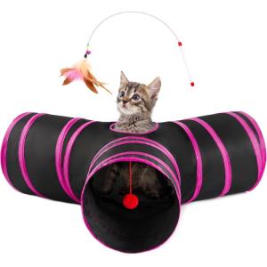 Love’s cabin Cat Tunnels for Indoor Cats, Cat Tube Toys 3 Way Collapsible, Pet Play Tunnel with Peek Hole Toy Ball for Kitty, Kitten, Rabbit, Black&Blue, Small Size (23.6″X13″X11″)(Black&Rose Red)