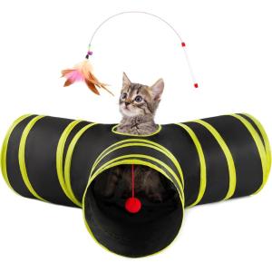 Love’s cabin Cat Tunnels for Indoor Cats, Cat Tube Toys 3 Way Collapsible, Pet Play Tunnel with Peek Hole Toy Ball for Kitty, Kitten, Rabbit, Black&Blue, Small Size (23.6″X13″X11″)(Black&Yellow)