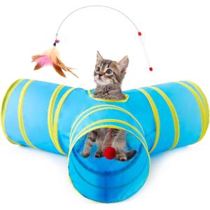 Love’s cabin Cat Tunnels for Indoor Cats, Cat Tube Toys 3 Way Collapsible, Pet Play Tunnel with Peek Hole Toy Ball for Kitty, Kitten, Rabbit, Black&Blue, Small Size (23.6″X13″X11″)(Blue&Yellow)