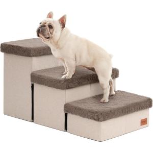 Love’s cabin Dog Stairs for High Bed 18″H,Foldable Pet Stairs for Small Medium or Large Dogs Puppy with Storage for Bed or Couch, Cat Dog Steps Ramp with Zip up to 200 lbs(Solid Grey,3 Steps no Condo)(Brown Furry Lid)