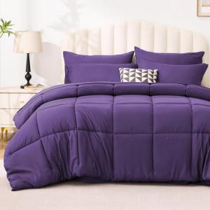 Love’s cabin Full Comforter Set Black, 7 Pieces Full Bed in a Bag, All Season Bedding Sets with 1 Comforter, 1 Flat Sheet, 1 Fitted Sheet, 2 Pillowcase and 2 Pillow Sham(Dark Purple)