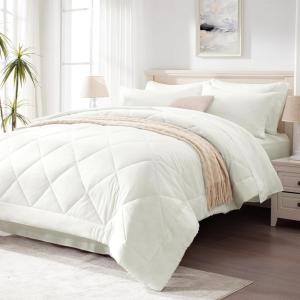 Love’s cabin Full Comforter Set Black, 7 Pieces Full Bed in a Bag, All Season Bedding Sets with 1 Comforter, 1 Flat Sheet, 1 Fitted Sheet, 2 Pillowcase and 2 Pillow Sham(Ivory)