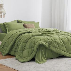 Love’s cabin Full Comforter Set Black, 7 Pieces Full Bed in a Bag, All Season Bedding Sets with 1 Comforter, 1 Flat Sheet, 1 Fitted Sheet, 2 Pillowcase and 2 Pillow Sham(Olive Green)