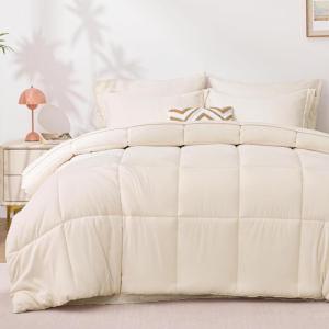 Love’s cabin Full Comforter Set Black, 7 Pieces Full Bed in a Bag, All Season Bedding Sets with 1 Comforter, 1 Flat Sheet, 1 Fitted Sheet, 2 Pillowcase and 2 Pillow Sham(Beige)