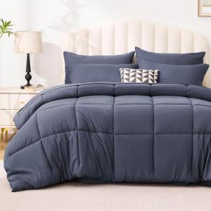 Love’s cabin Full Comforter Set Black, 7 Pieces Full Bed in a Bag, All Season Bedding Sets with 1 Comforter, 1 Flat Sheet, 1 Fitted Sheet, 2 Pillowcase and 2 Pillow Sham(Indigo Blue)