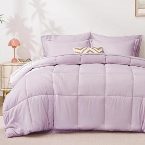 Love’s cabin Full Comforter Set Black, 7 Pieces Full Bed in a Bag, All Season Bedding Sets with 1 Comforter, 1 Flat Sheet, 1 Fitted Sheet, 2 Pillowcase and 2 Pillow Sham(Light Purple)