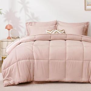 Love’s cabin Full Comforter Set Black, 7 Pieces Full Bed in a Bag, All Season Bedding Sets with 1 Comforter, 1 Flat Sheet, 1 Fitted Sheet, 2 Pillowcase and 2 Pillow Sham(Blush Pink)