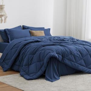 Love’s cabin Full Comforter Set Black, 7 Pieces Full Bed in a Bag, All Season Bedding Sets with 1 Comforter, 1 Flat Sheet, 1 Fitted Sheet, 2 Pillowcase and 2 Pillow Sham(Dark Blue)