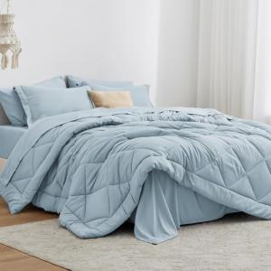 Love’s cabin Full Comforter Set Black, 7 Pieces Full Bed in a Bag, All Season Bedding Sets with 1 Comforter, 1 Flat Sheet, 1 Fitted Sheet, 2 Pillowcase and 2 Pillow Sham(Light Blue)