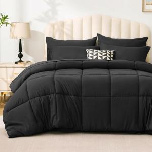 Love’s cabin Full Comforter Set Black, 7 Pieces Full Bed in a Bag, All Season Bedding Sets with 1 Comforter, 1 Flat Sheet, 1 Fitted Sheet, 2 Pillowcase and 2 Pillow Sham(Ash Black)