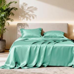 Love’s cabin Full Size Satin Sheet Sets – 4 Piece Beige Silky Sheet Set with Deep Pocket, Luxury Silk Feel Satin Sheets Full Bedding Set (1 Flat Sheet,1 Fitted Sheet,2 Pillow Cases)(Aqua.)