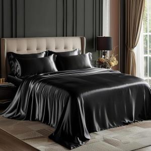 Love’s cabin Full Size Satin Sheet Sets – 4 Piece Beige Silky Sheet Set with Deep Pocket, Luxury Silk Feel Satin Sheets Full Bedding Set (1 Flat Sheet,1 Fitted Sheet,2 Pillow Cases)(Black.)
