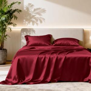 Love’s cabin Full Size Satin Sheet Sets – 4 Piece Beige Silky Sheet Set with Deep Pocket, Luxury Silk Feel Satin Sheets Full Bedding Set (1 Flat Sheet,1 Fitted Sheet,2 Pillow Cases)(Burgundy.)