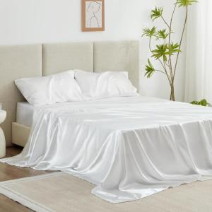 Love’s cabin Full Size Satin Sheet Sets – 4 Piece Beige Silky Sheet Set with Deep Pocket, Luxury Silk Feel Satin Sheets Full Bedding Set (1 Flat Sheet,1 Fitted Sheet,2 Pillow Cases)(White.)