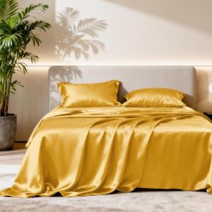 Love’s cabin Full Size Satin Sheet Sets – 4 Piece Beige Silky Sheet Set with Deep Pocket, Luxury Silk Feel Satin Sheets Full Bedding Set (1 Flat Sheet,1 Fitted Sheet,2 Pillow Cases)(Gold.)