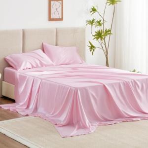 Love’s cabin Full Size Satin Sheet Sets – 4 Piece Beige Silky Sheet Set with Deep Pocket, Luxury Silk Feel Satin Sheets Full Bedding Set (1 Flat Sheet,1 Fitted Sheet,2 Pillow Cases)(Pink.)