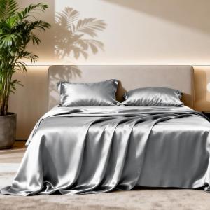 Love’s cabin Full Size Satin Sheet Sets – 4 Piece Beige Silky Sheet Set with Deep Pocket, Luxury Silk Feel Satin Sheets Full Bedding Set (1 Flat Sheet,1 Fitted Sheet,2 Pillow Cases)(Dark Grey.)