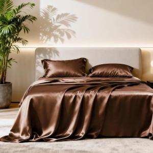 Love’s cabin Full Size Satin Sheet Sets – 4 Piece Beige Silky Sheet Set with Deep Pocket, Luxury Silk Feel Satin Sheets Full Bedding Set (1 Flat Sheet,1 Fitted Sheet,2 Pillow Cases)(Brown.)