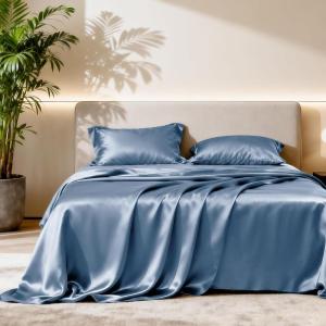Love’s cabin Full Size Satin Sheet Sets – 4 Piece Beige Silky Sheet Set with Deep Pocket, Luxury Silk Feel Satin Sheets Full Bedding Set (1 Flat Sheet,1 Fitted Sheet,2 Pillow Cases)(Ash Blue.)