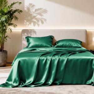 Love’s cabin Full Size Satin Sheet Sets – 4 Piece Beige Silky Sheet Set with Deep Pocket, Luxury Silk Feel Satin Sheets Full Bedding Set (1 Flat Sheet,1 Fitted Sheet,2 Pillow Cases)(Dark Green.)