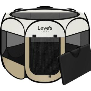 Love’s cabin Pet Puppy Dog Playpen, Small Dog Tent Crates Cage Indoor/Outdoor, Portable Playpen for Cat, Foldable Pop Up Dog Kennel Playpen with Carring Case, Removable Zipper Top, Grey(Khaki)