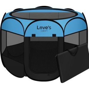 Love’s cabin Pet Puppy Dog Playpen, Small Dog Tent Crates Cage Indoor/Outdoor, Portable Playpen for Cat, Foldable Pop Up Dog Kennel Playpen with Carring Case, Removable Zipper Top, Grey(Blue)