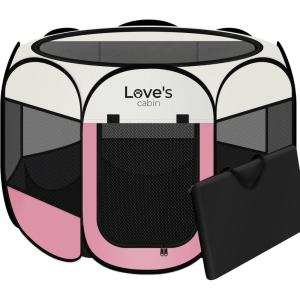 Love’s cabin Pet Puppy Dog Playpen, Small Dog Tent Crates Cage Indoor/Outdoor, Portable Playpen for Cat, Foldable Pop Up Dog Kennel Playpen with Carring Case, Removable Zipper Top, Grey(Light Pink)