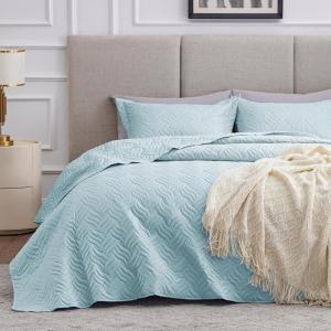 Love’s cabin Quilts for Queen Bed Olive Green Bedspreads – Soft Bed Summer Lightweight Bedspread Comforter – Modern Style Coin Pattern Coverlet for All Season – 3 Pieces (1 Quilt, 2 Pillow Shams)(Wave Light Blue)