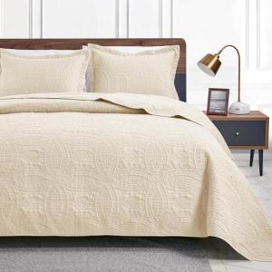 Love’s cabin Quilts for Queen Bed Olive Green Bedspreads – Soft Bed Summer Lightweight Bedspread Comforter – Modern Style Coin Pattern Coverlet for All Season – 3 Pieces (1 Quilt, 2 Pillow Shams)(Coin Yellowish Beige)