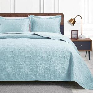 Love’s cabin Quilts for Queen Bed Olive Green Bedspreads – Soft Bed Summer Lightweight Bedspread Comforter – Modern Style Coin Pattern Coverlet for All Season – 3 Pieces (1 Quilt, 2 Pillow Shams)(Coin Pattern Spa-blue)