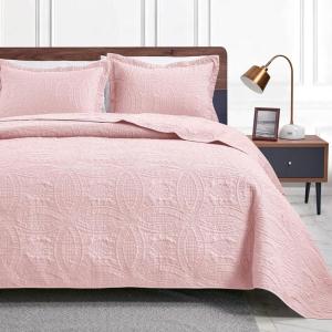 Love’s cabin Quilts for Queen Bed Olive Green Bedspreads – Soft Bed Summer Lightweight Bedspread Comforter – Modern Style Coin Pattern Coverlet for All Season – 3 Pieces (1 Quilt, 2 Pillow Shams)(Coin Pattern Pink)