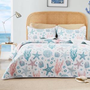 Love’s cabin Quilts for Queen Coastal White Bedspreads Bedding Set – Summer Beach Nautical Quilt Lightweight Bedspread – Reversible Bedding Coverlet for All Season – 3 Piece (1 Quilt, 2 Pillow Shams)(Coastal Pink)