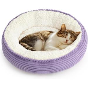 Love’s cabin Round Donut Cat and Dog Cushion Bed, 20in Pet Bed for Cats or Small Dogs, Anti-Slip & Water-Resistant Bottom, Super Soft Durable Fabric Pet beds, Washable Luxury Cat & Dog Bed Camel(Lavender Stripe)