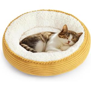 Love’s cabin Round Donut Cat and Dog Cushion Bed, 20in Pet Bed for Cats or Small Dogs, Anti-Slip & Water-Resistant Bottom, Super Soft Durable Fabric Pet beds, Washable Luxury Cat & Dog Bed Camel(Yellow Stripe)