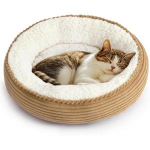 Love’s cabin Round Donut Cat and Dog Cushion Bed, 20in Pet Bed for Cats or Small Dogs, Anti-Slip & Water-Resistant Bottom, Super Soft Durable Fabric Pet beds, Washable Luxury Cat & Dog Bed Camel(Camel Stripe)