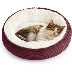 Love’s cabin Round Donut Cat and Dog Cushion Bed, 20in Pet Bed for Cats or Small Dogs, Anti-Slip & Water-Resistant Bottom, Super Soft Durable Fabric Pet beds, Washable Luxury Cat & Dog Bed Camel(Burgundy Stripe)
