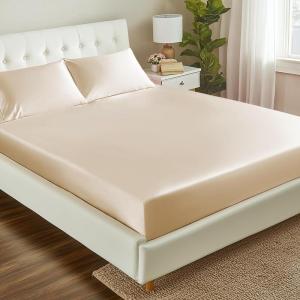 Love’s cabin Satin Fitted Sheet Twin Size – Pink Silky Bed Fitted Sheet Only with Deep Pocket, Luxury Soft Non-Fading Silk Feel Single Bottom Satin Bed Sheet(Beige)