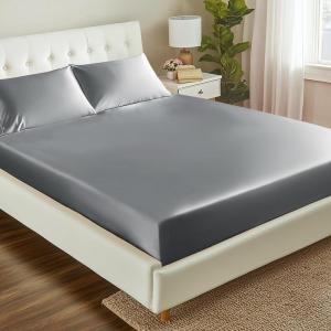 Love’s cabin Satin Fitted Sheet Twin Size – Pink Silky Bed Fitted Sheet Only with Deep Pocket, Luxury Soft Non-Fading Silk Feel Single Bottom Satin Bed Sheet(Dark Grey)