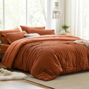 Love’s cabin Seersucker Dark Grey Queen Comforter Set 7 Pieces, All Season Bedding Set, Queen Bed in a Bag Comforter Set with Comforter, Flat Sheet, Fitted Sheet, Pillowcase and Pillow Sham(Terracotta)