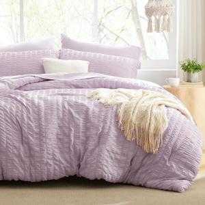 Love’s cabin Seersucker Dark Grey Queen Comforter Set 7 Pieces, All Season Bedding Set, Queen Bed in a Bag Comforter Set with Comforter, Flat Sheet, Fitted Sheet, Pillowcase and Pillow Sham(Lavender)