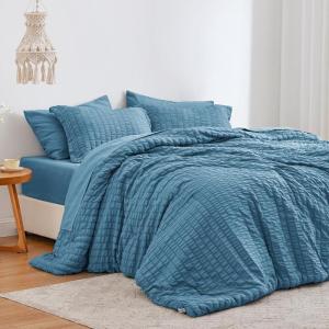 Love’s cabin Seersucker Dark Grey Queen Comforter Set 7 Pieces, All Season Bedding Set, Queen Bed in a Bag Comforter Set with Comforter, Flat Sheet, Fitted Sheet, Pillowcase and Pillow Sham(Misty Blue)