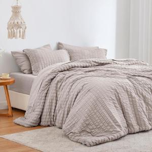 Love’s cabin Seersucker Dark Grey Queen Comforter Set 7 Pieces, All Season Bedding Set, Queen Bed in a Bag Comforter Set with Comforter, Flat Sheet, Fitted Sheet, Pillowcase and Pillow Sham(Burlwood)