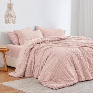 Love’s cabin Seersucker Dark Grey Queen Comforter Set 7 Pieces, All Season Bedding Set, Queen Bed in a Bag Comforter Set with Comforter, Flat Sheet, Fitted Sheet, Pillowcase and Pillow Sham(Pink)