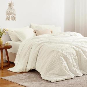 Love’s cabin Seersucker Dark Grey Queen Comforter Set 7 Pieces, All Season Bedding Set, Queen Bed in a Bag Comforter Set with Comforter, Flat Sheet, Fitted Sheet, Pillowcase and Pillow Sham(Ivory)