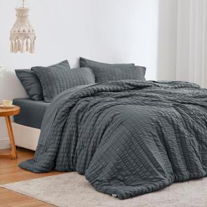 Love’s cabin Seersucker Dark Grey Queen Comforter Set 7 Pieces, All Season Bedding Set, Queen Bed in a Bag Comforter Set with Comforter, Flat Sheet, Fitted Sheet, Pillowcase and Pillow Sham(Charcoal Grey)
