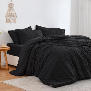 Love’s cabin Seersucker Dark Grey Queen Comforter Set 7 Pieces, All Season Bedding Set, Queen Bed in a Bag Comforter Set with Comforter, Flat Sheet, Fitted Sheet, Pillowcase and Pillow Sham(Black)