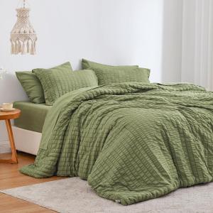 Love’s cabin Seersucker Dark Grey Queen Comforter Set 7 Pieces, All Season Bedding Set, Queen Bed in a Bag Comforter Set with Comforter, Flat Sheet, Fitted Sheet, Pillowcase and Pillow Sham(Sage Green)