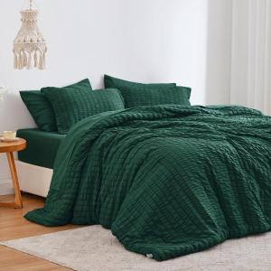 Love’s cabin Seersucker Dark Grey Queen Comforter Set 7 Pieces, All Season Bedding Set, Queen Bed in a Bag Comforter Set with Comforter, Flat Sheet, Fitted Sheet, Pillowcase and Pillow Sham(Dark Green)