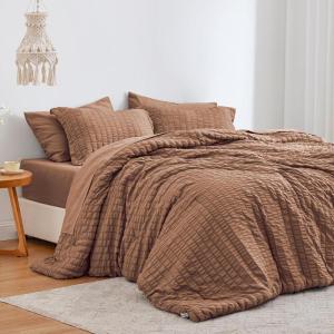 Love’s cabin Seersucker Dark Grey Queen Comforter Set 7 Pieces, All Season Bedding Set, Queen Bed in a Bag Comforter Set with Comforter, Flat Sheet, Fitted Sheet, Pillowcase and Pillow Sham(Mocha Mousse)